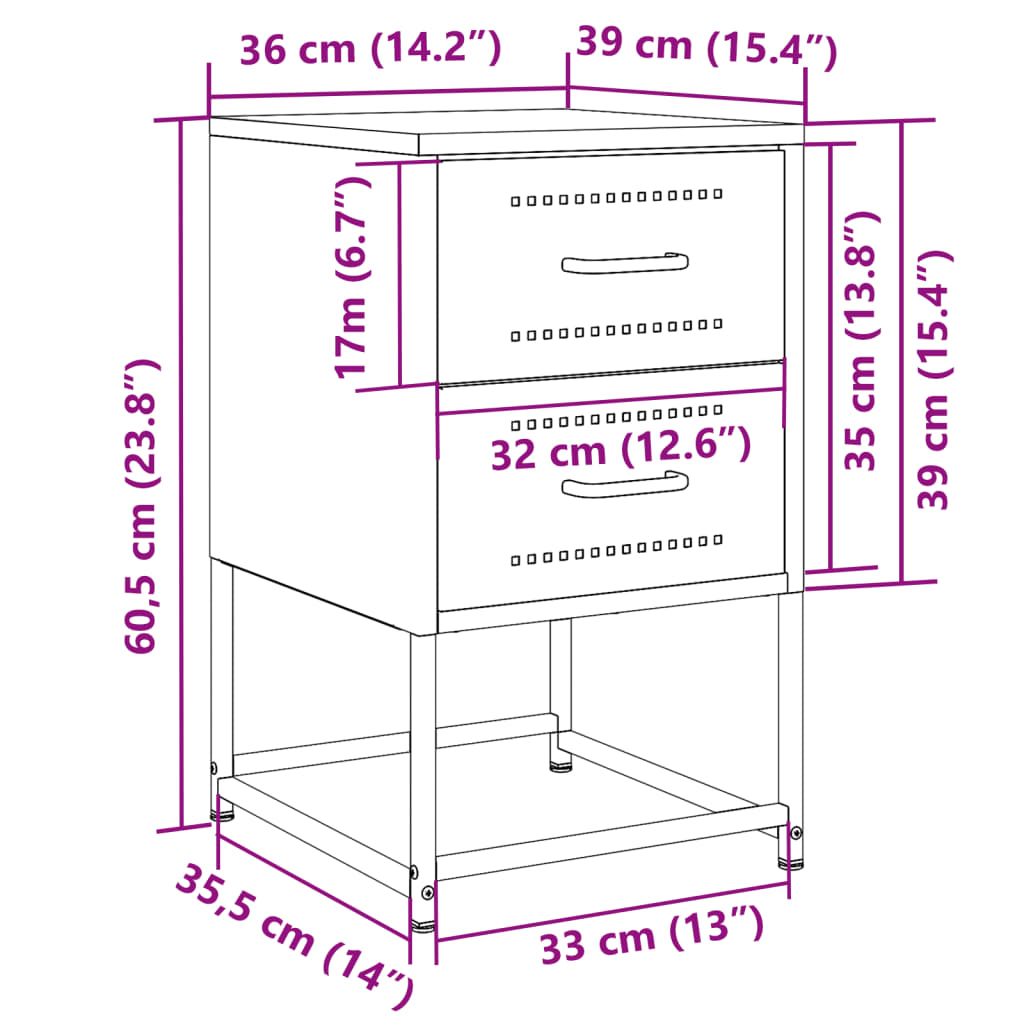 Nachtkastjes 2 st 36x39x60,5 cm staal roze