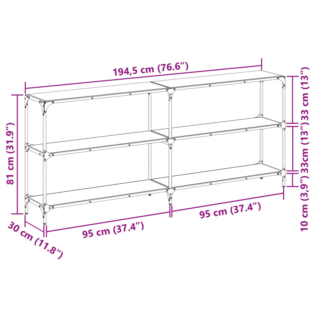 Wandtafel met transparant glazen blad 194,5x30x81 cm staal