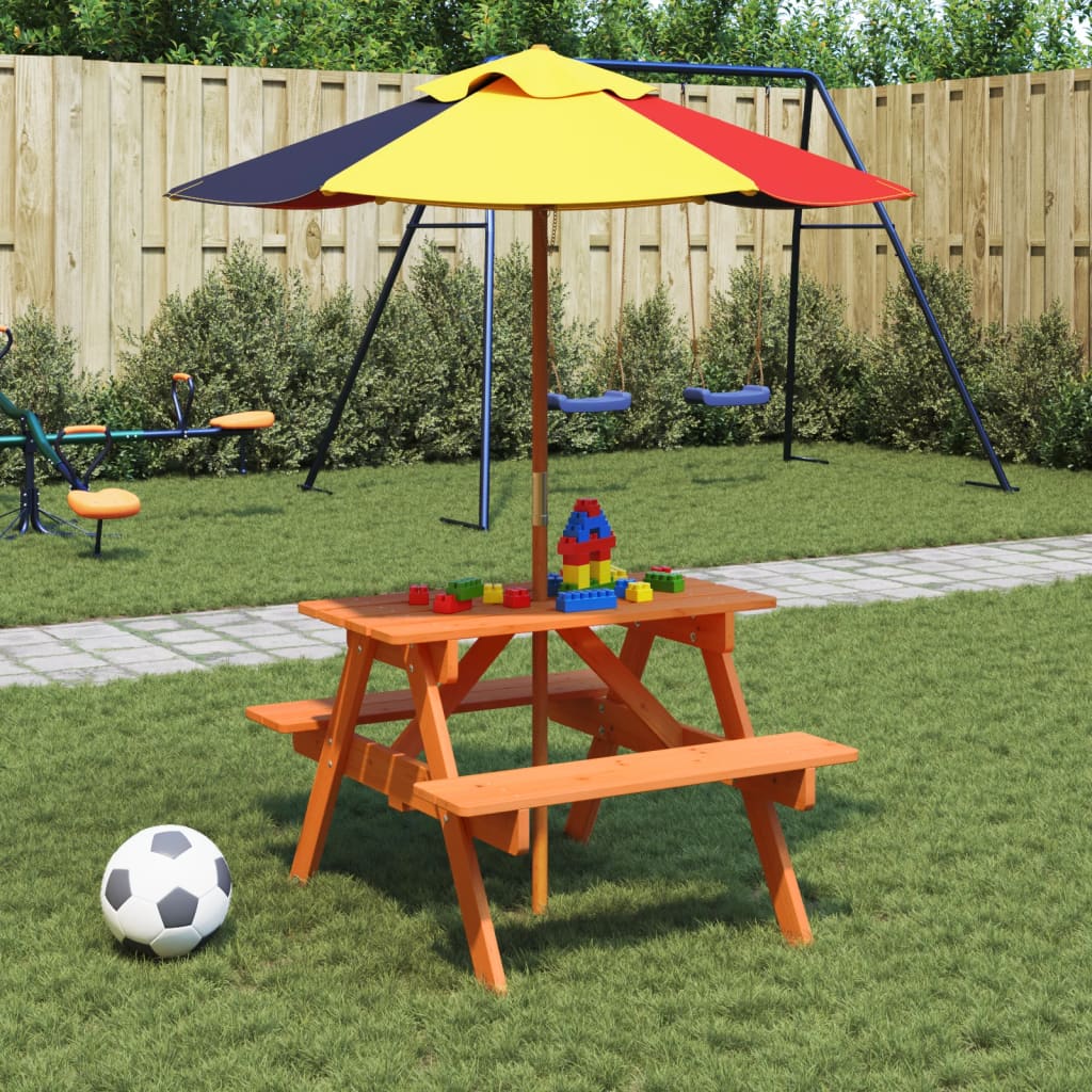 Picknicktafel voor 4 kinderen met parasol massief vurenhout