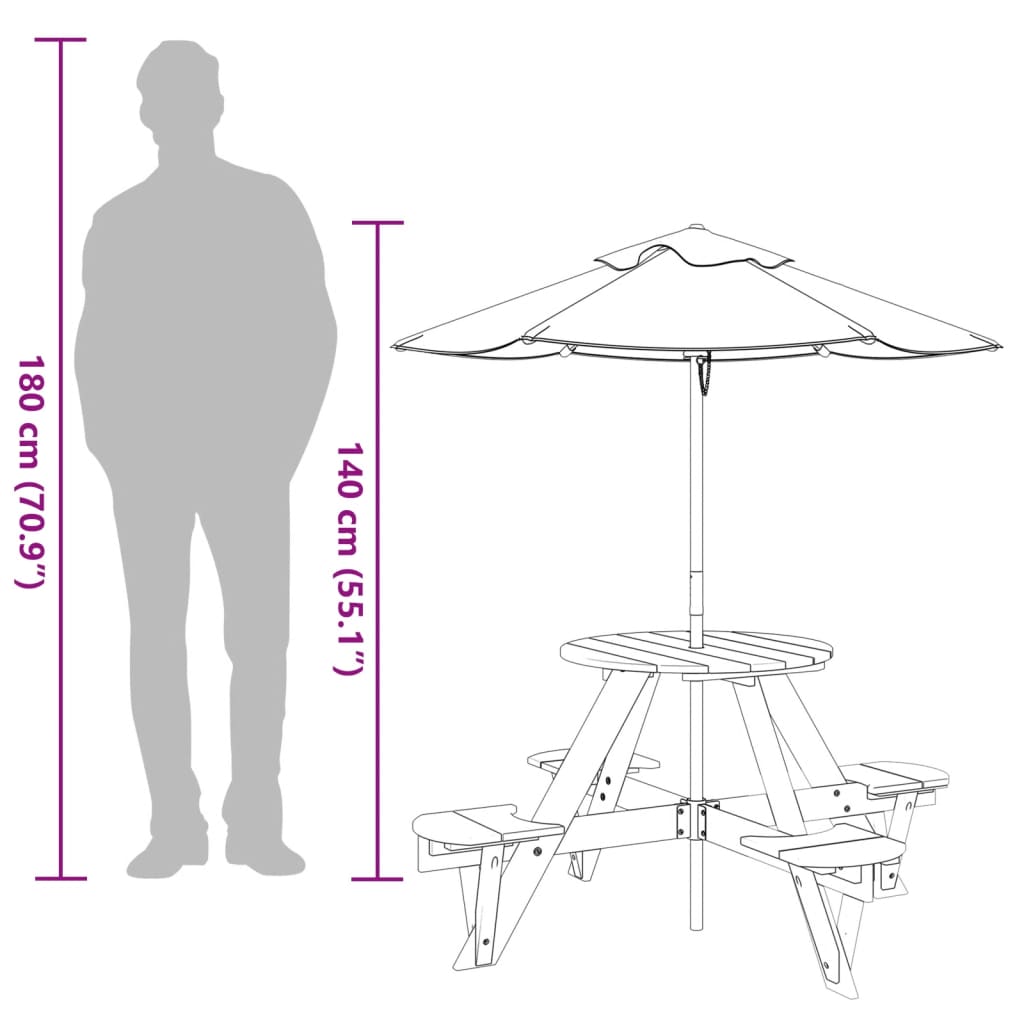 Picknicktafel voor 4 kinderen met parasol rond vurenhout