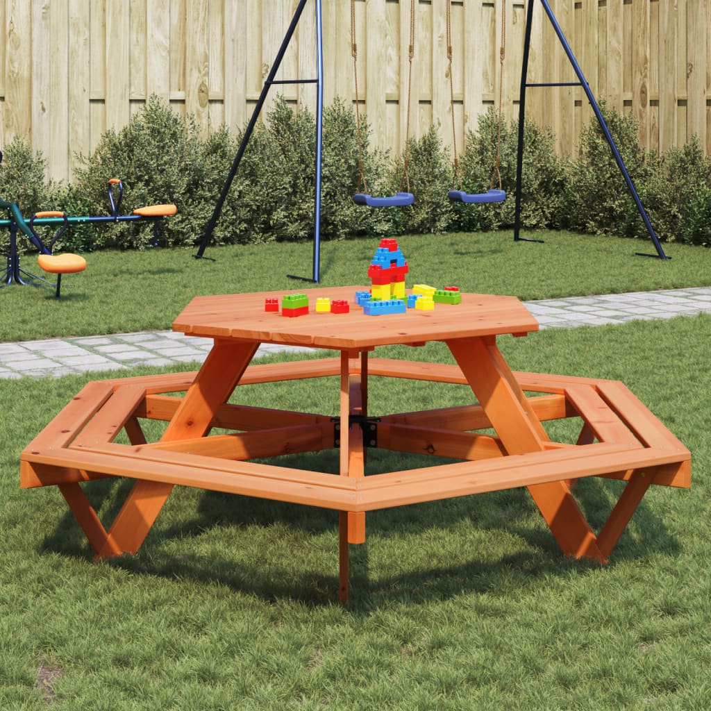 Picknicktafel voor 6 kinderen met banken zeshoekig vurenhout