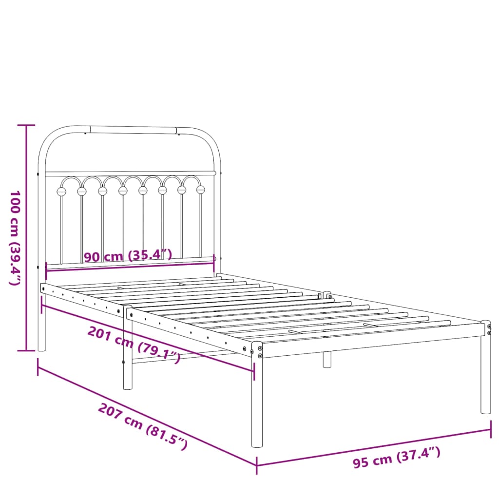 Bedframe met hoofdbord metaal zwart 90x200 cm