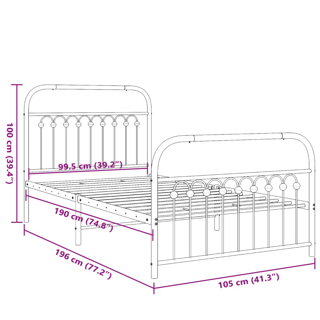 Bedframe met hoofd- en voeteneinde metaal zwart 100x190 cm