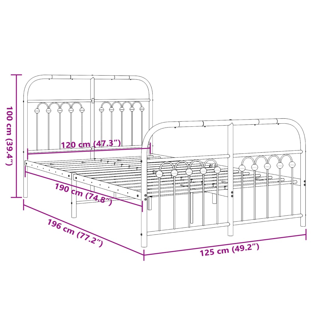 Bedframe met hoofd- en voeteneinde metaal zwart 120x190 cm