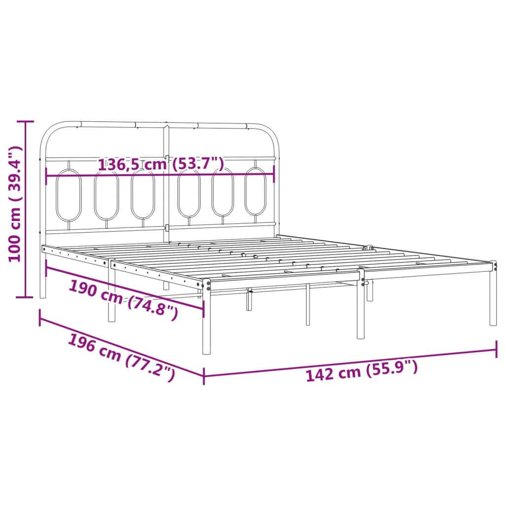 Bedframe met hoofdbord metaal zwart 135x190 cm