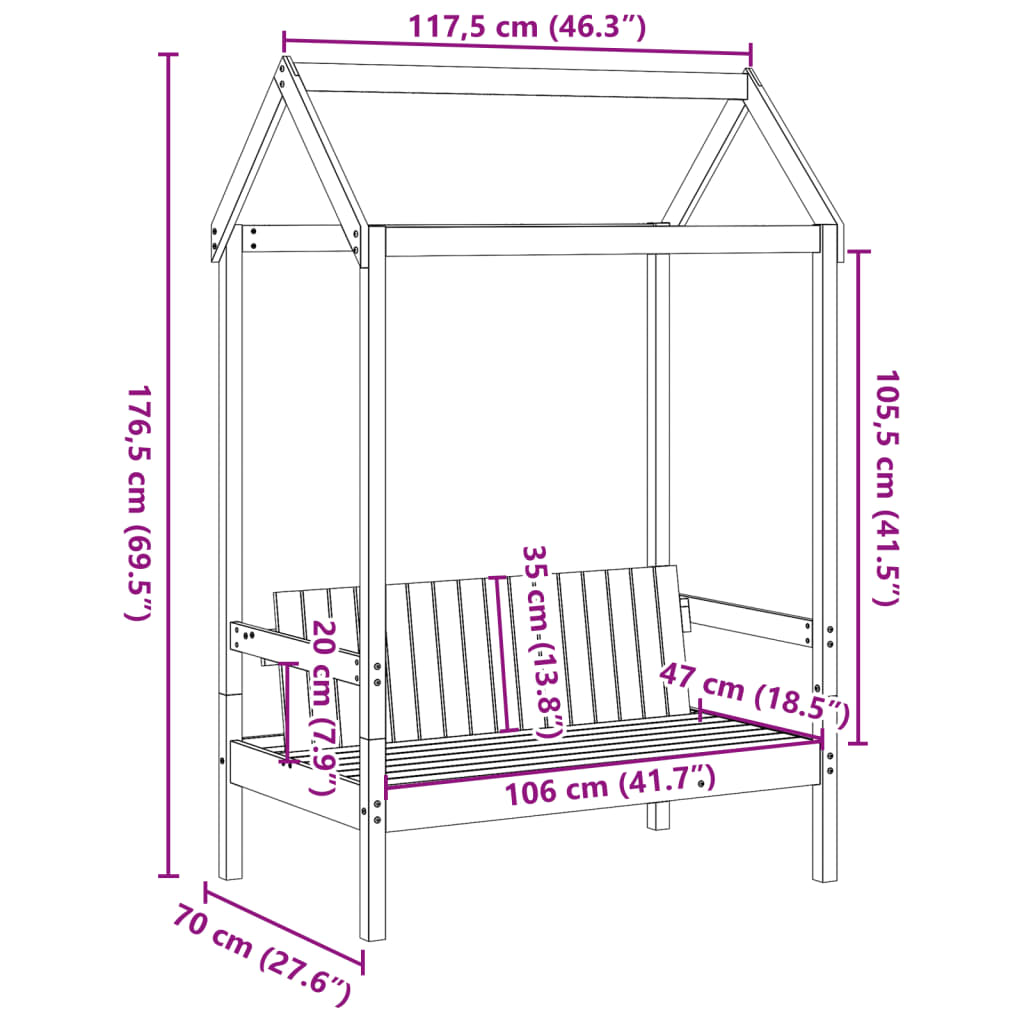 Bank met dak 117,5x70x176,5 cm massief grenenhout wit