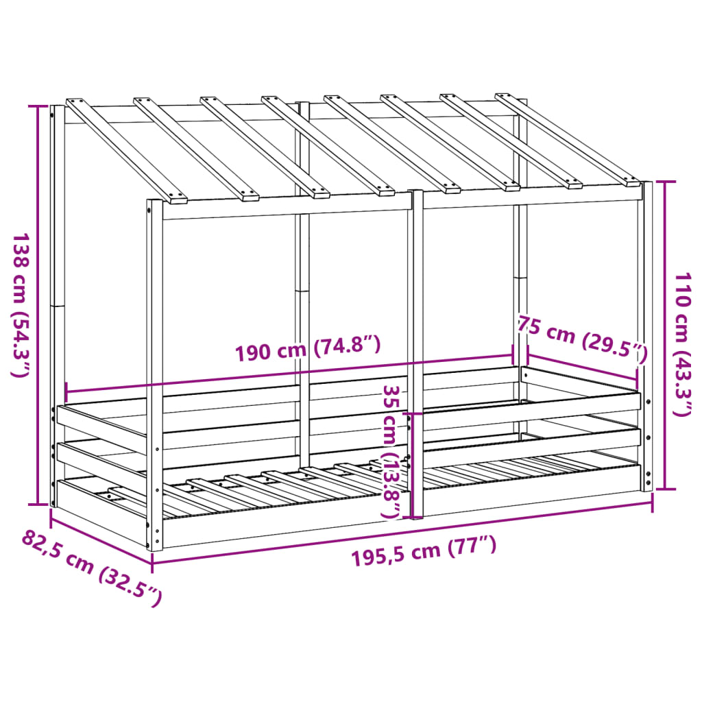 Kinderbed met bedhuis 75x190 cm massief grenenhout wit