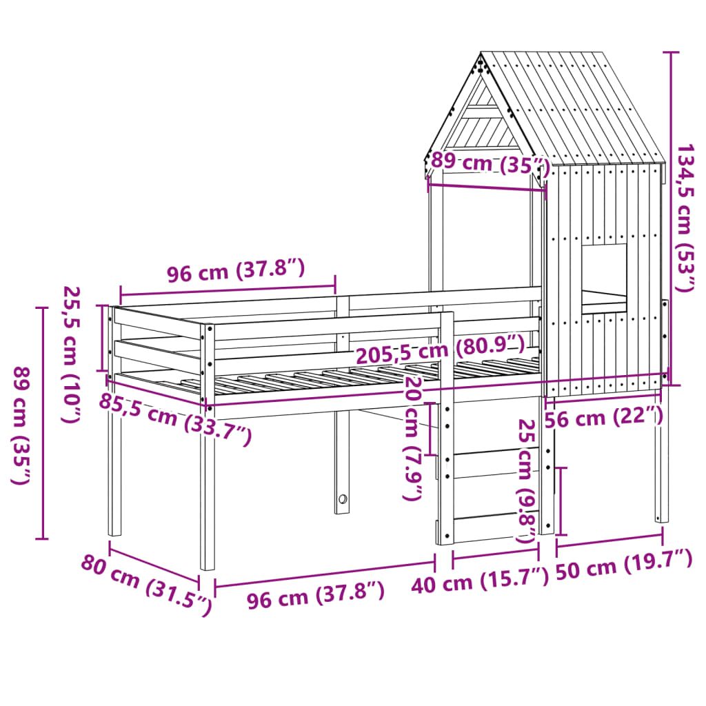 Hoogslaper met bedhuis massief grenenhout 80x200 cm