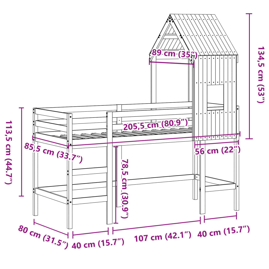 Halfhoogslaper met ladder en bedhuis grenenhout wit 80x200 cm