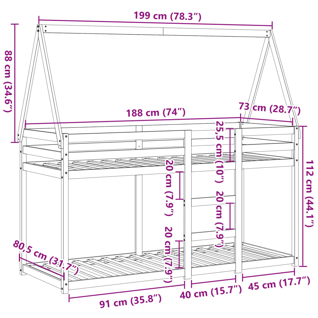 Stapelbed met dak massief grenenhout wasbruin 75x190 cm