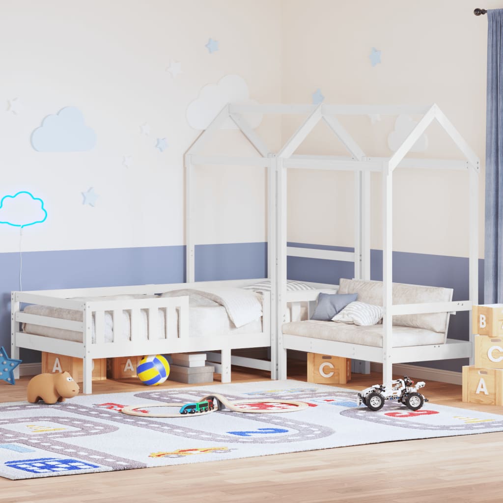 Kinderbed met huisje en bankje massief grenenhout wit 80x200 cm