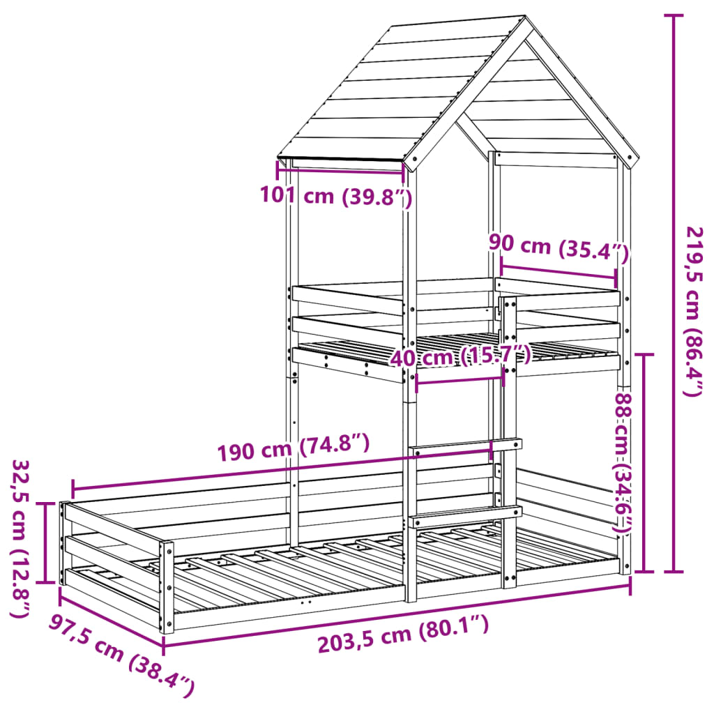 Kinderbed met huisje massief grenenhout wit 90x190 cm