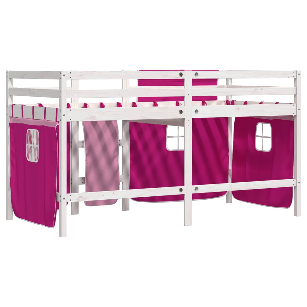 Kinderhoogslaper met gordijnen 80x200 cm grenenhout roze