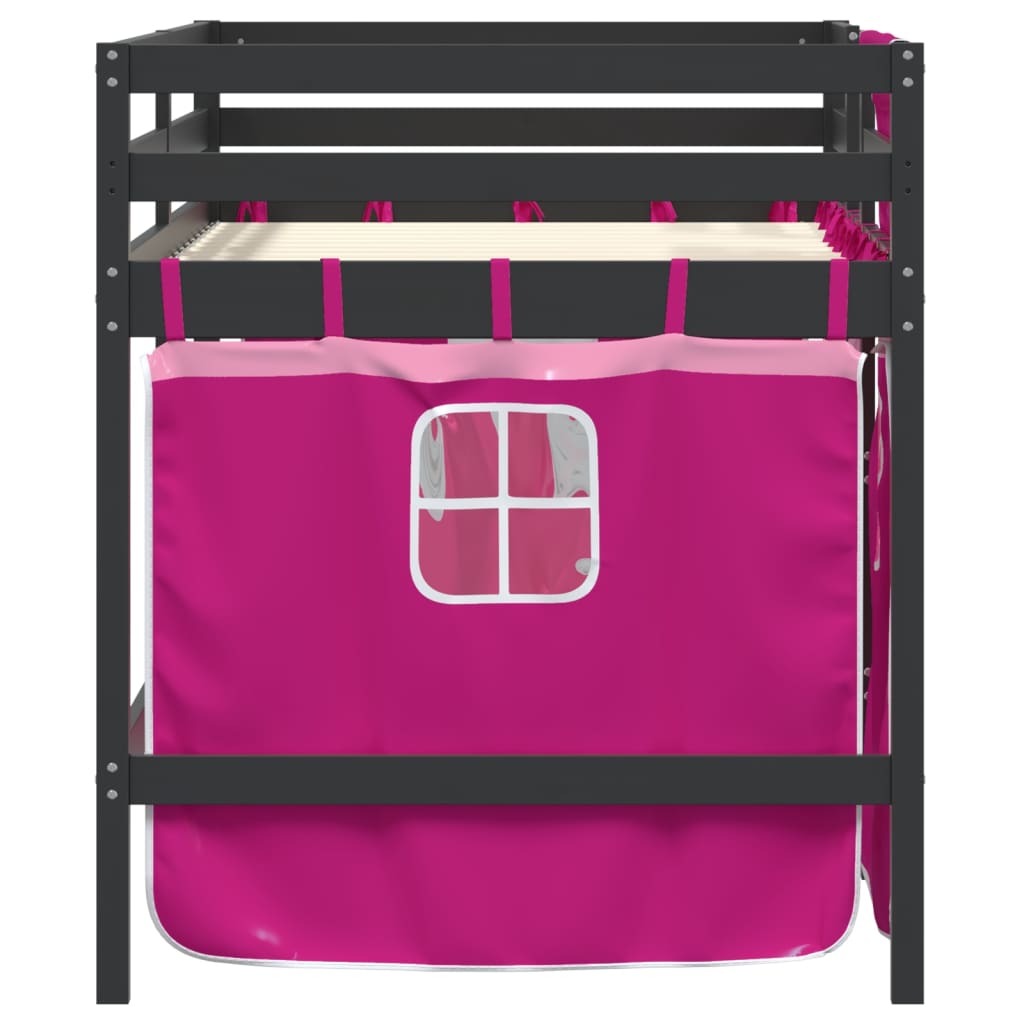 Kinderhoogslaper met gordijnen 90x200 cm grenenhout roze