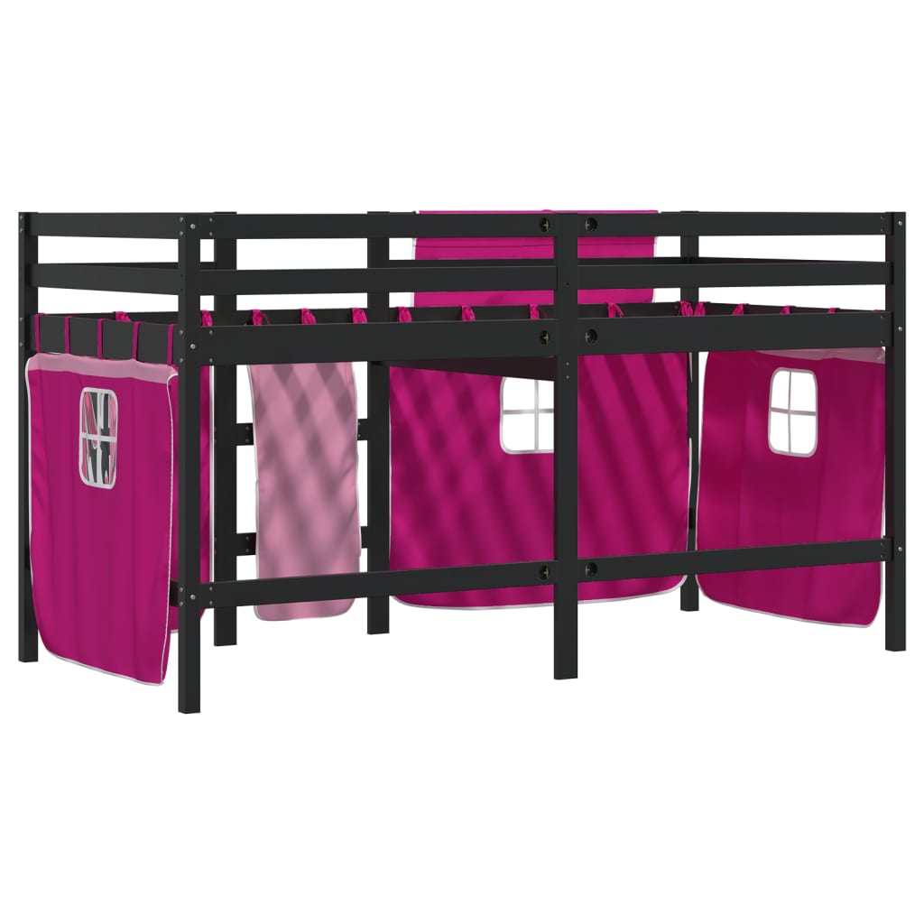 Kinderhoogslaper met gordijnen 90x200 cm grenenhout roze