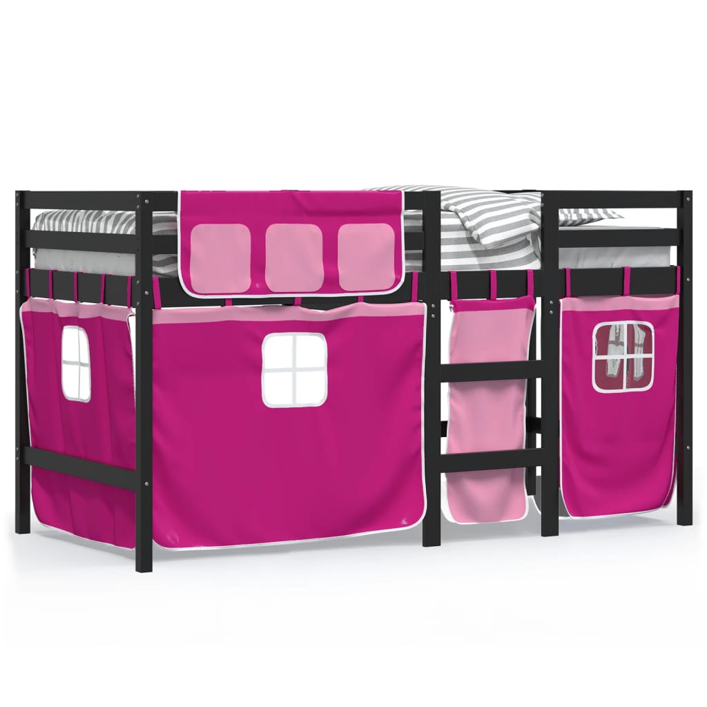 Kinderhoogslaper met gordijnen 90x190 cm grenenhout roze