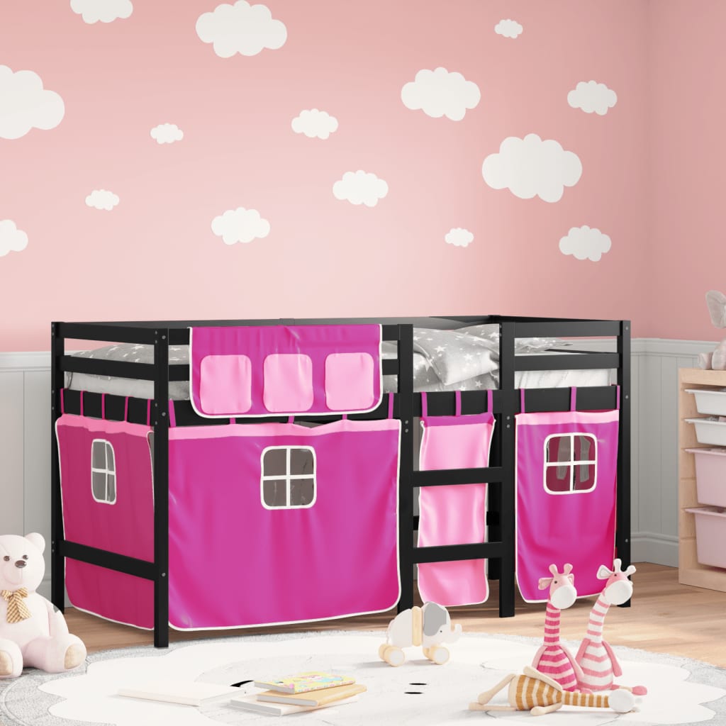 Kinderhoogslaper met gordijnen 90x190 cm grenenhout roze