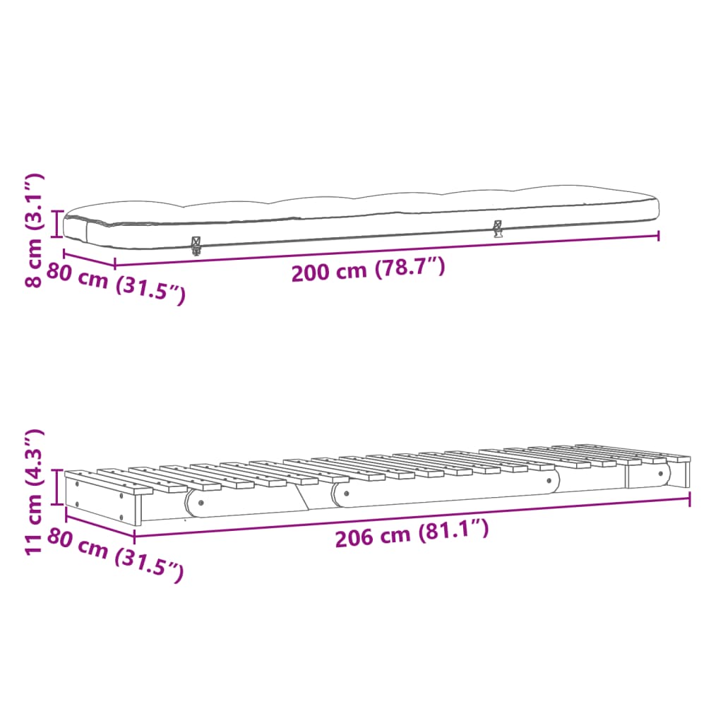 Futon slaapbank met matras 80x206x11 cm grenenhout wasbruin