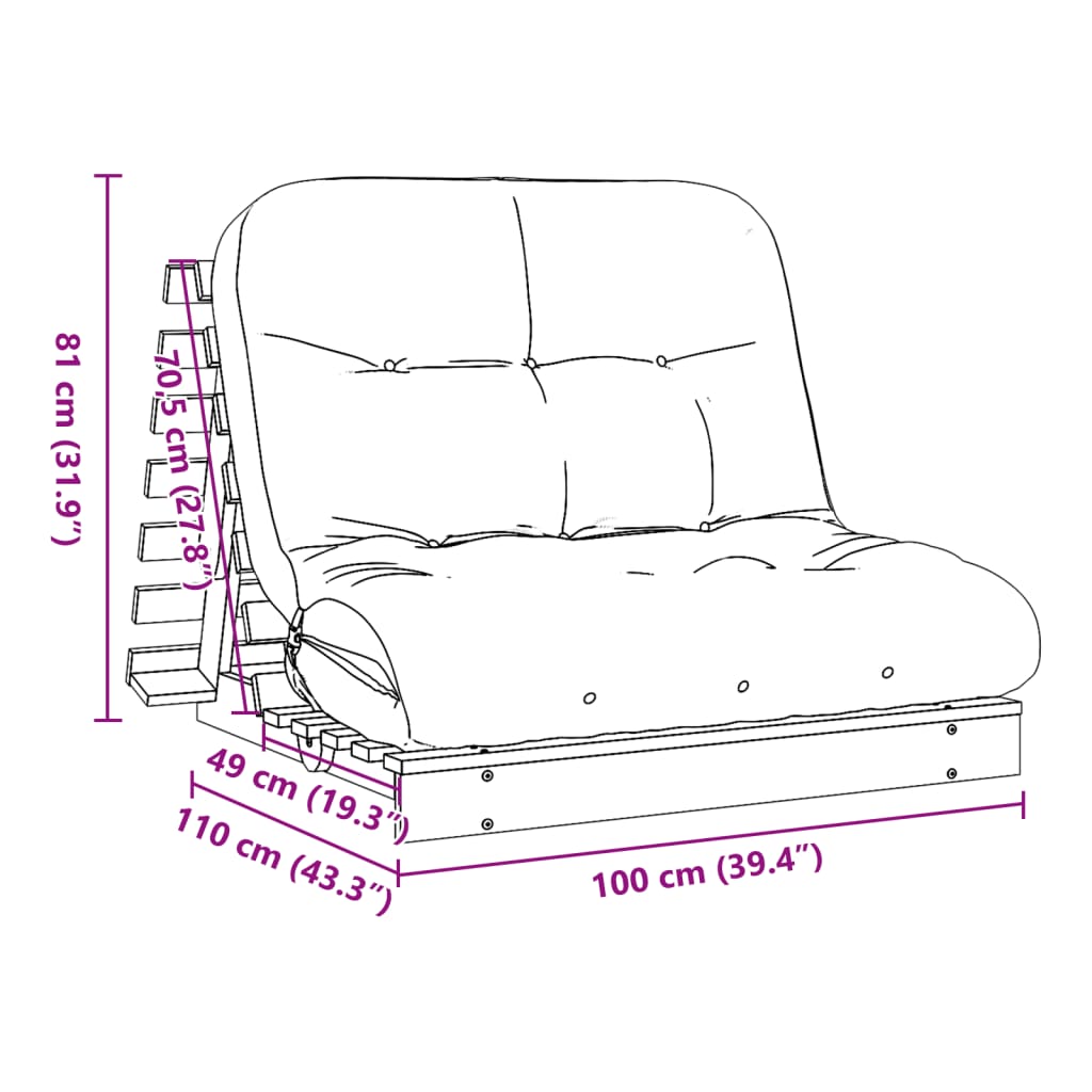 Futon slaapbank met matras 100x206x11 cm massief grenenhout