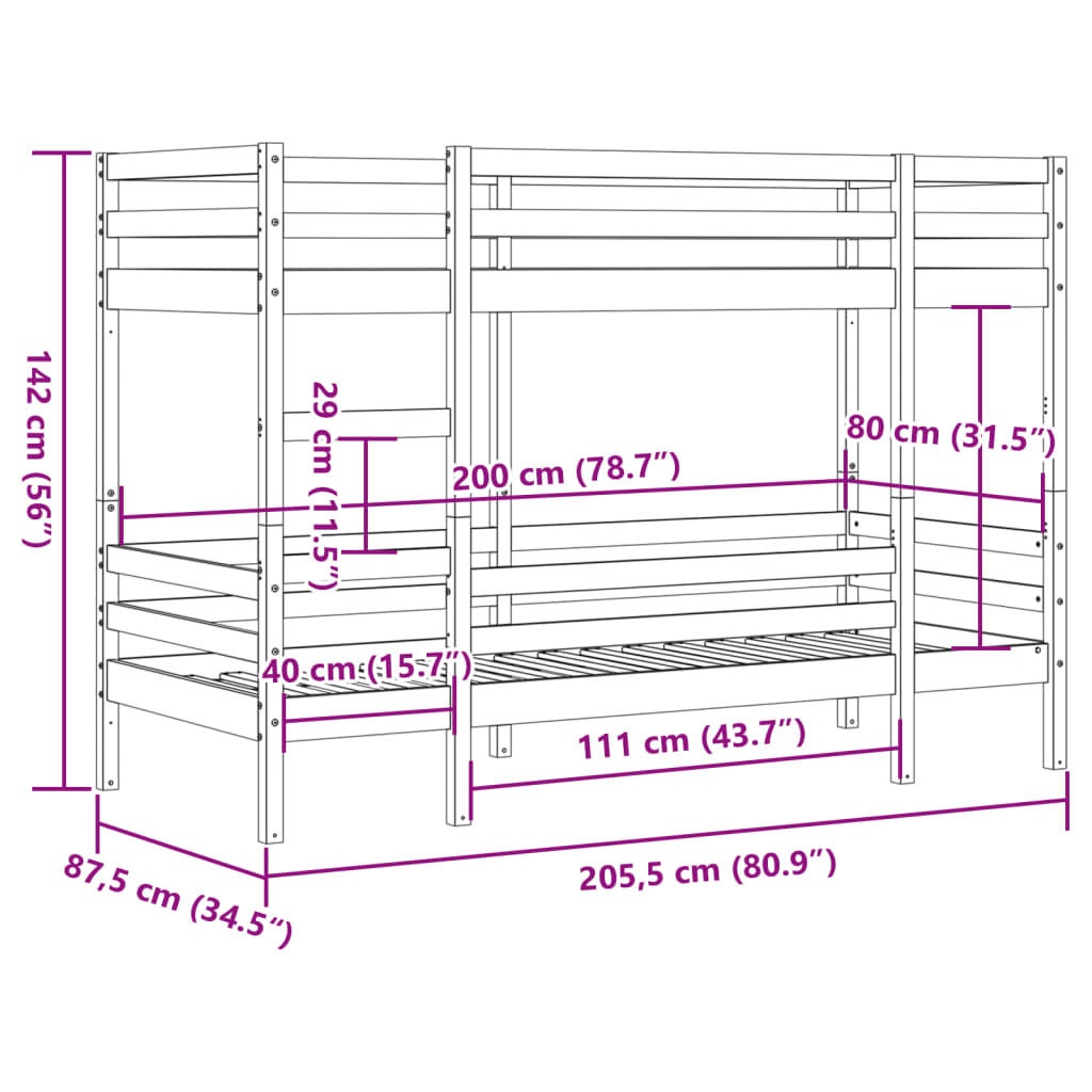 Stapelbed massief grenenhout wit 80x200 cm