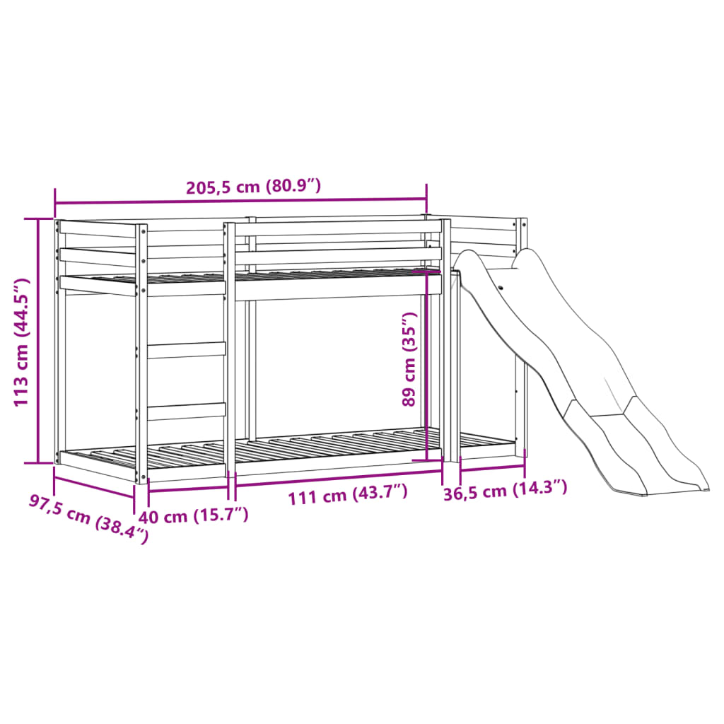 Stapelbed met glijbaan en ladder grenenhout wasbruin 90x200 cm