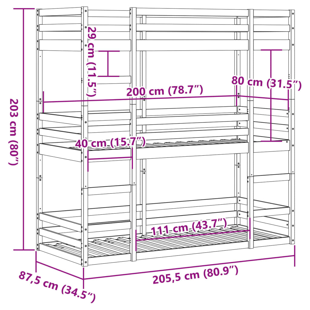 Stapelbed 3-persoons massief grenenhout 80x200 cm