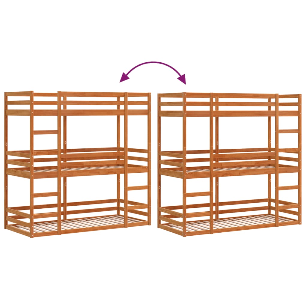 Stapelbed 3-persoons massief grenenhout wasbruin 90x190 cm