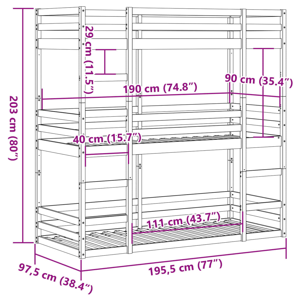 Stapelbed 3-persoons massief grenenhout wasbruin 90x190 cm