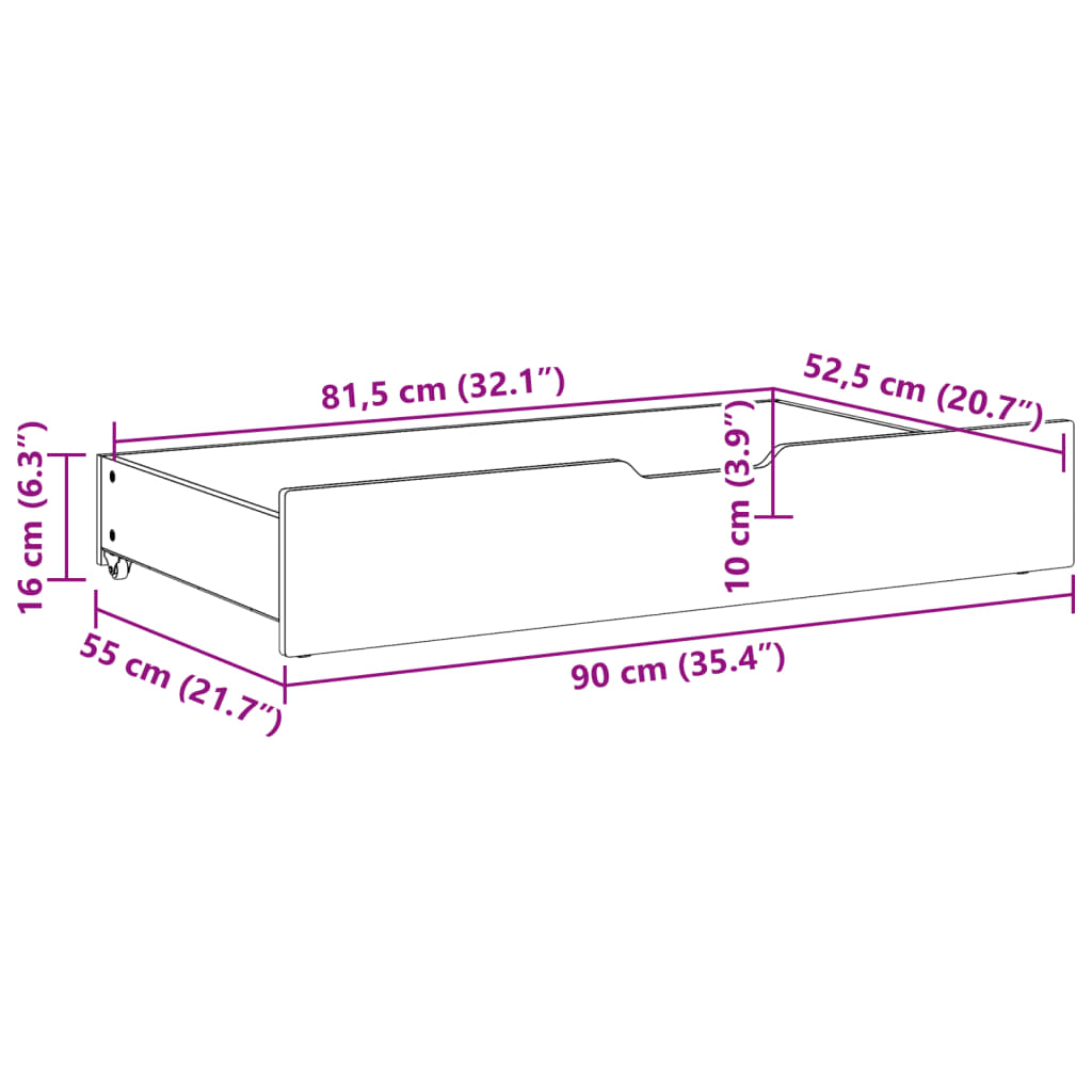 Bedlades 2 st met wieltjes 90x55x16 cm massief grenenhout