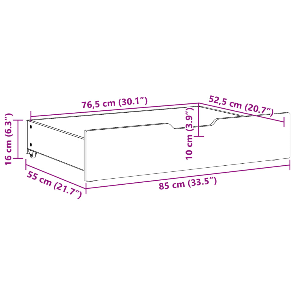 Bedlades 2 st met wieltjes 85x55x16 cm massief grenenhout