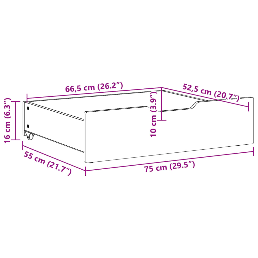 Bedlades 2 st met wieltjes 75x55x16 cm massief grenenhout