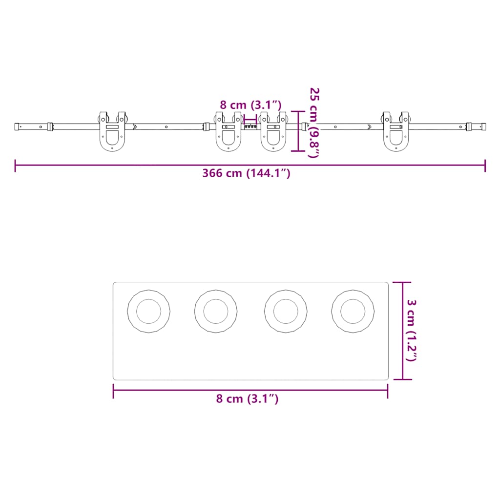 Doos met onderdelen voor schuifdeur 366 cm staal zwart