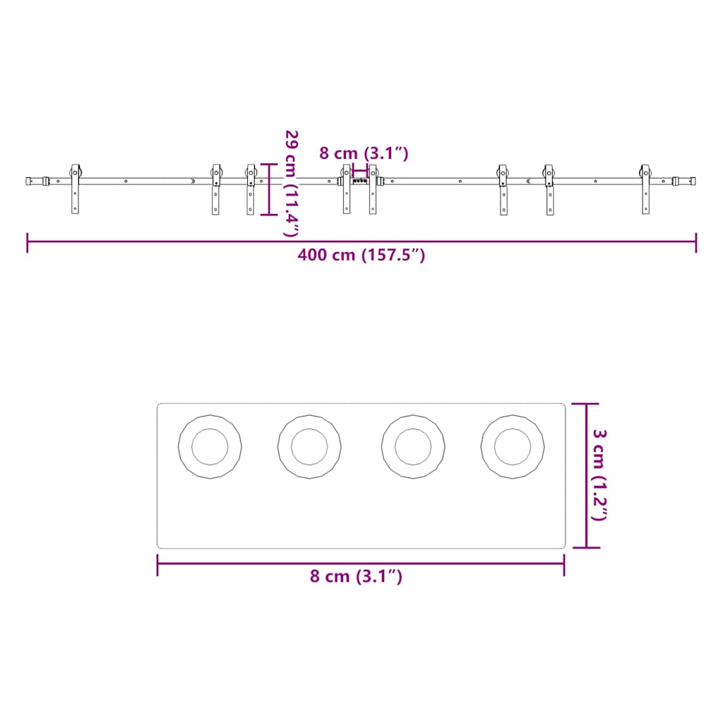 Doos met onderdelen voor schuifdeur 400 cm staal zwart