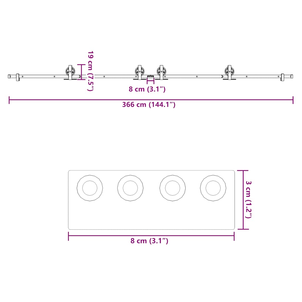 Doos met onderdelen voor schuifdeur 366 cm staal zwart