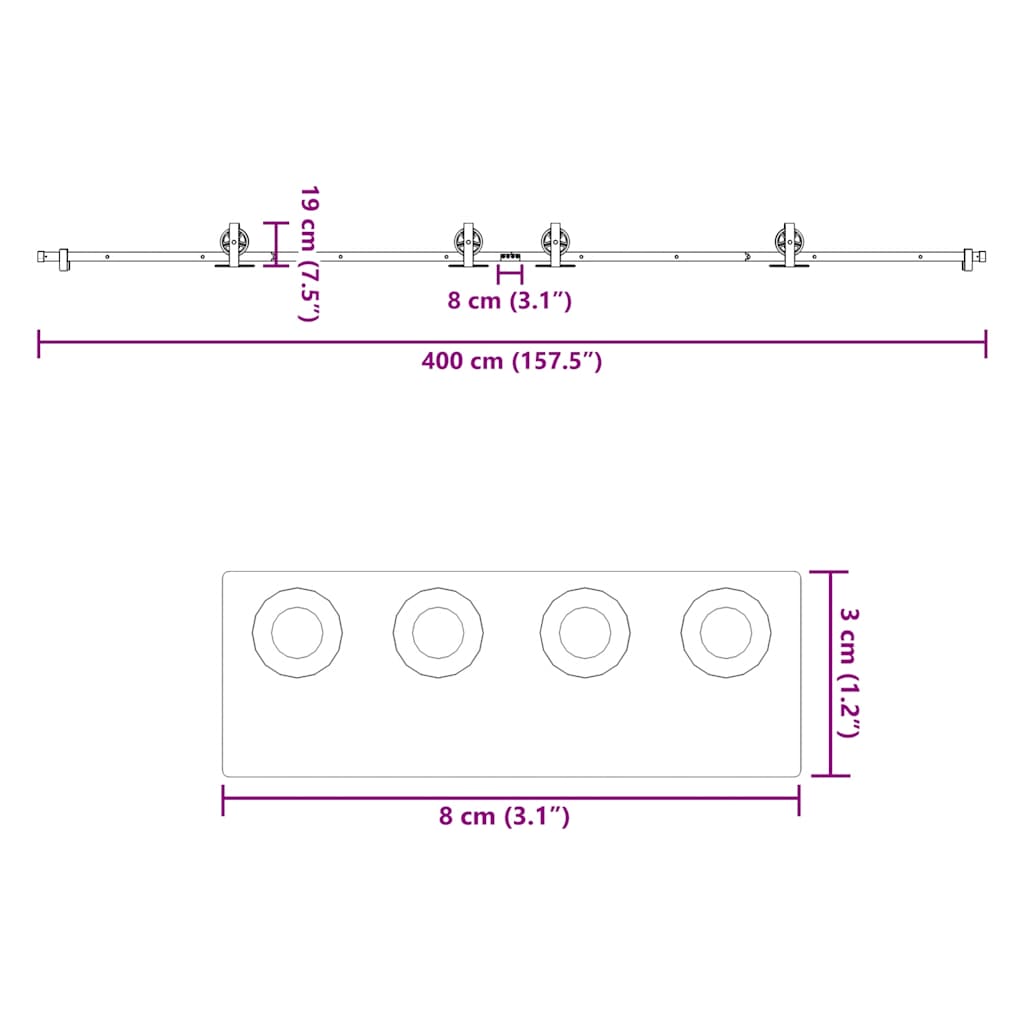 Doos met onderdelen voor schuifdeur 400 cm staal zwart
