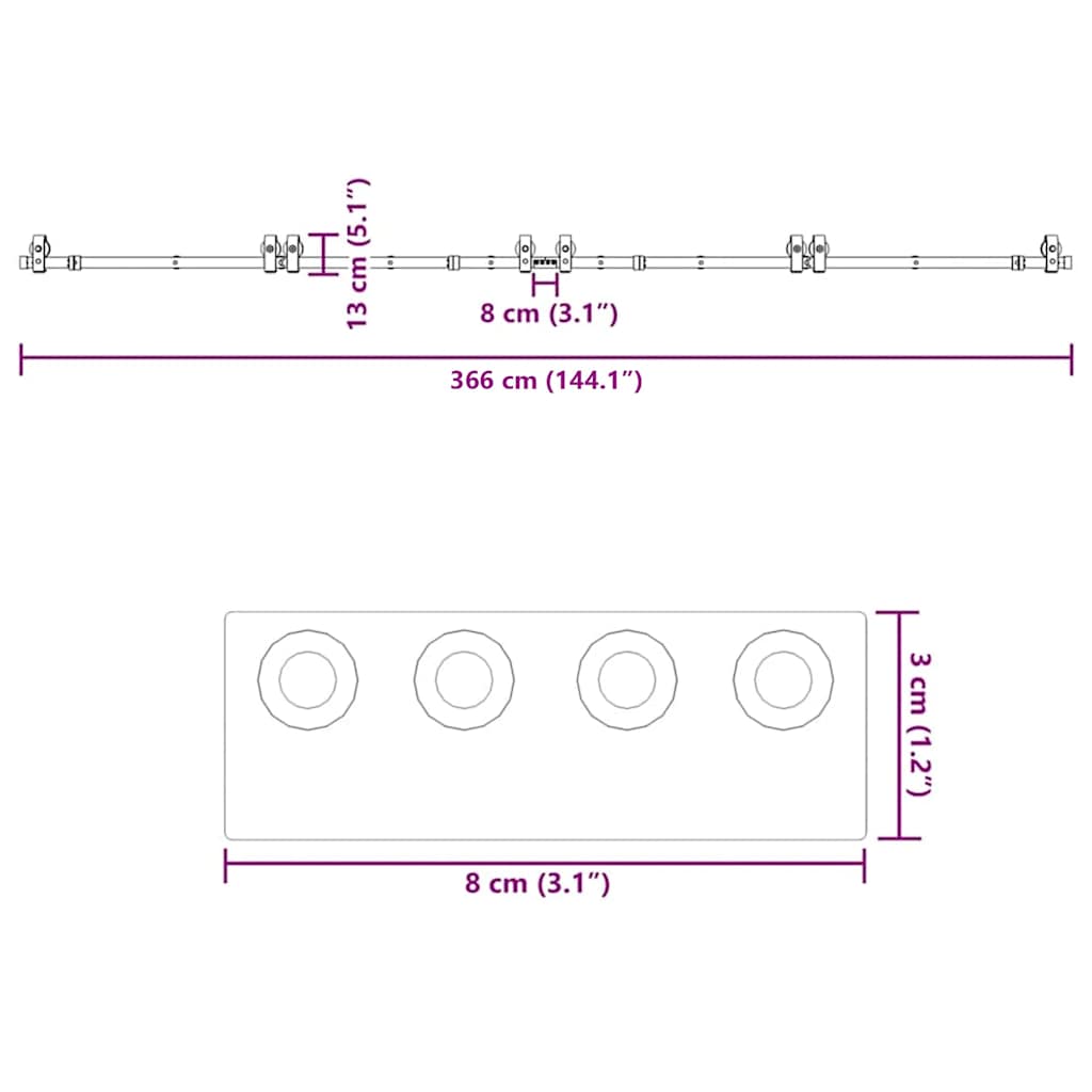 Doos met onderdelen voor schuifdeur 366 cm staal zwart