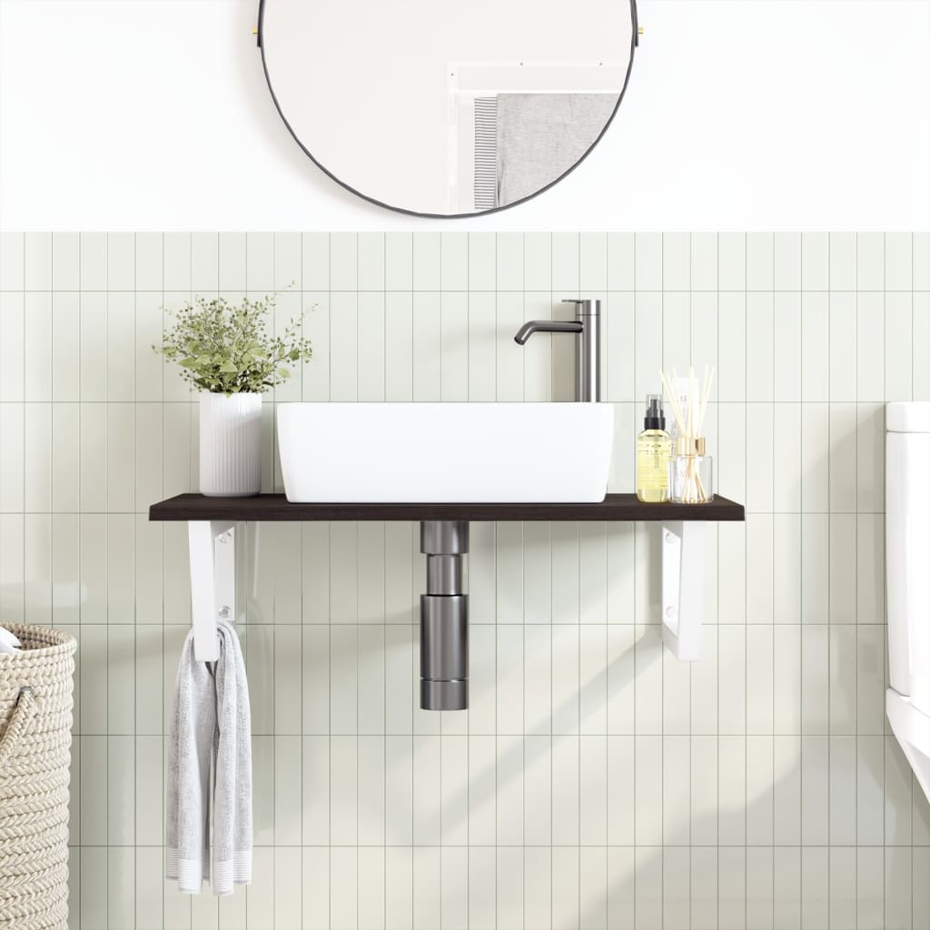 Badkamer Wandschap Staal En Massief Eikenhout 1 80 x 50 x 2 cm Donkerbruin en wit
