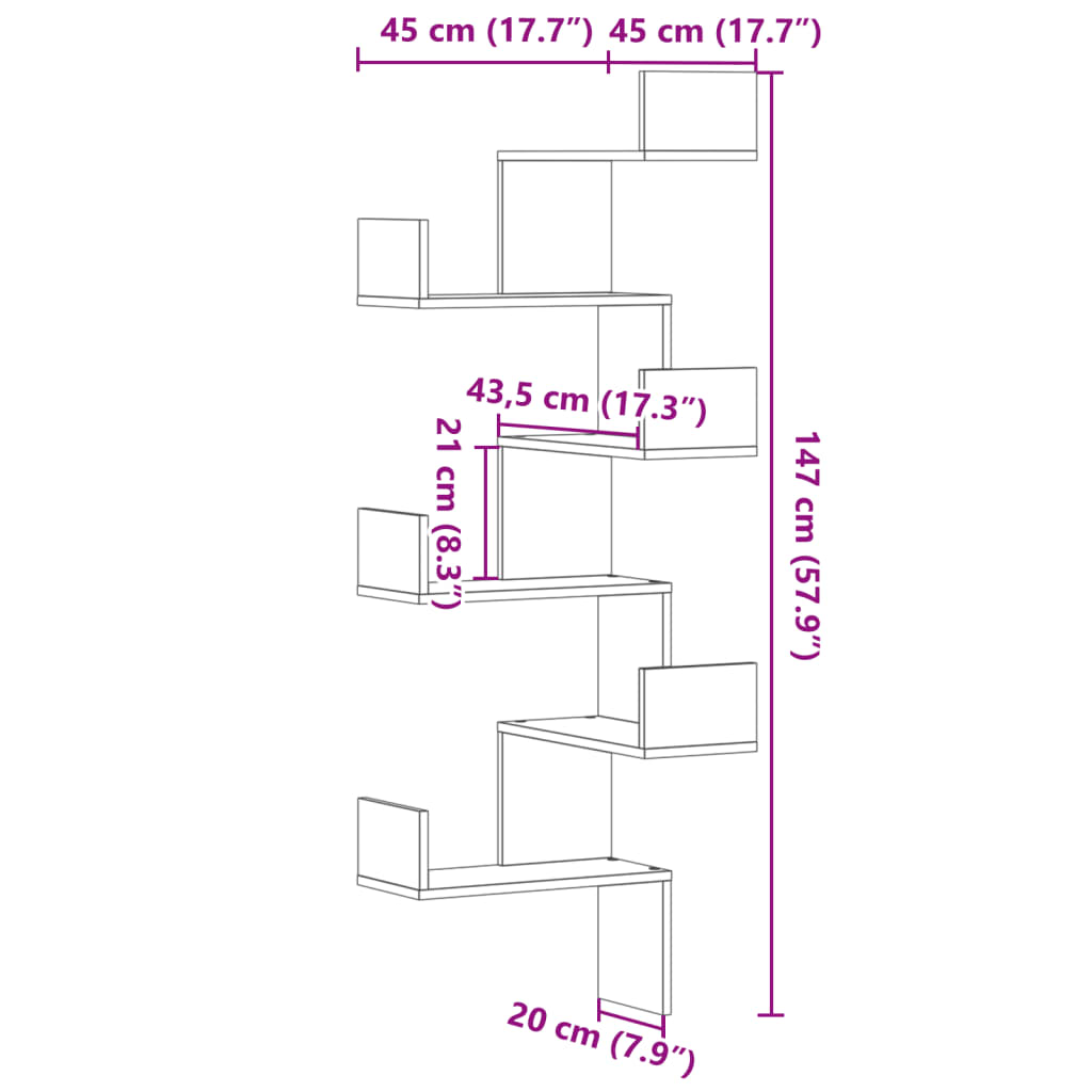 Hoekwandschap 45x45x147 cm bewerkt hout sonoma eikenkleurig