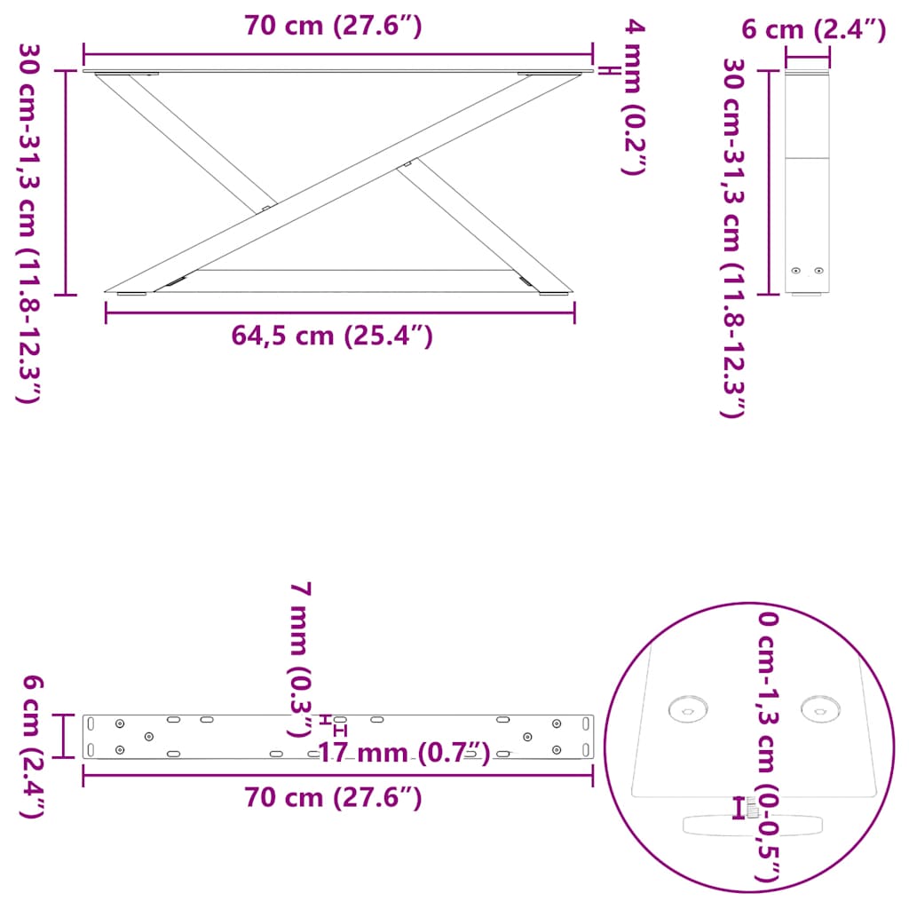 Salontafelpoten 2 st 70x(30-31,3) cm staal zwart