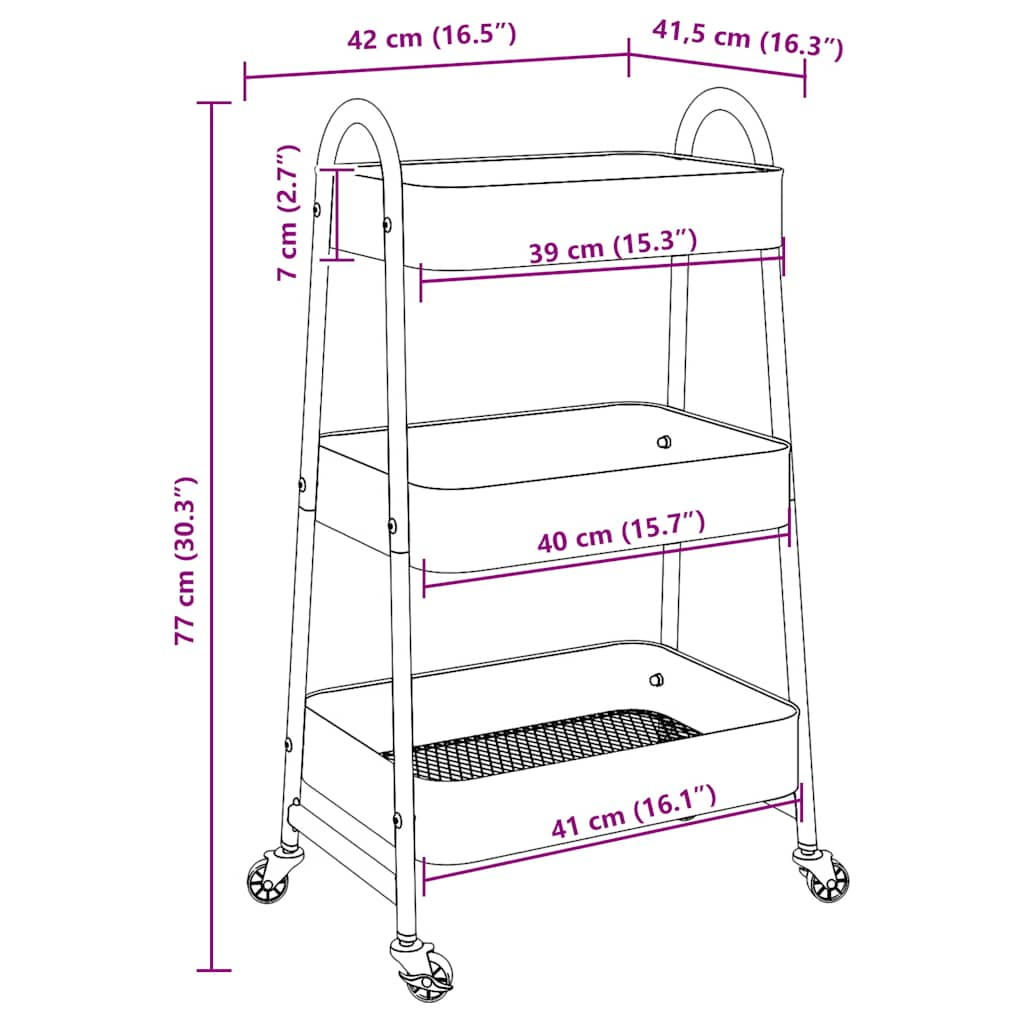 Opbergtrolley 3-laags 42x41,5x77 cm staal roze