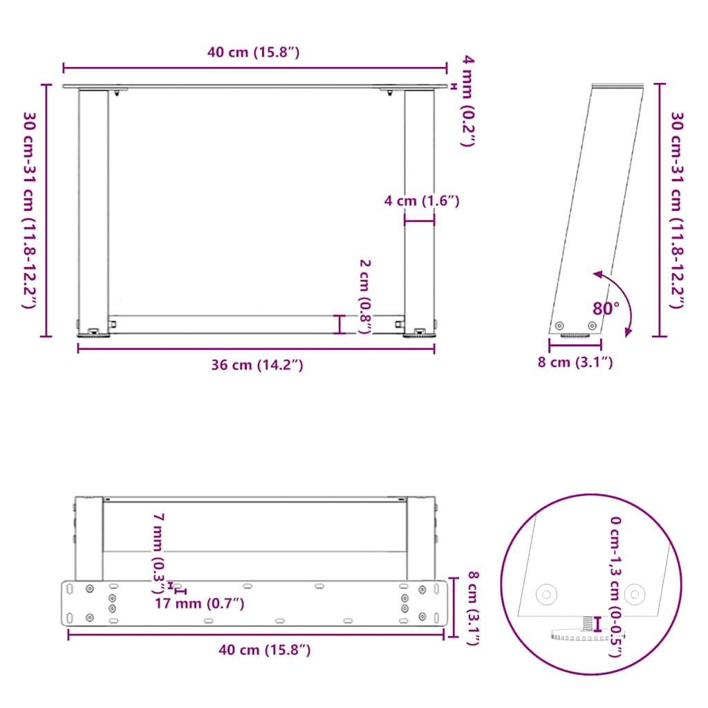 Salontafelpoten 2 st U-vormig 40x(30-31) cm staal zwart