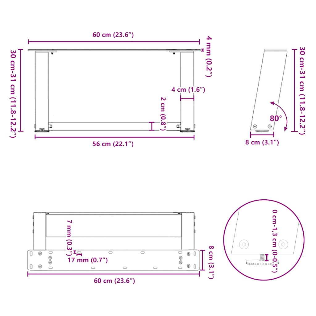 Salontafelpoten 2 st U-vormig 60x(30-31) cm staal wit