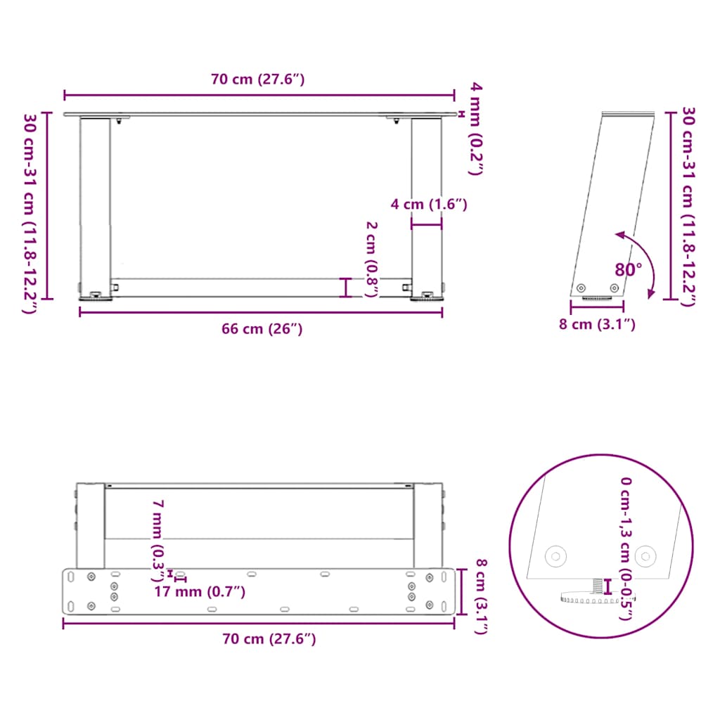 Salontafelpoten 2 st U-vormig 70x(30-31) cm staal antraciet