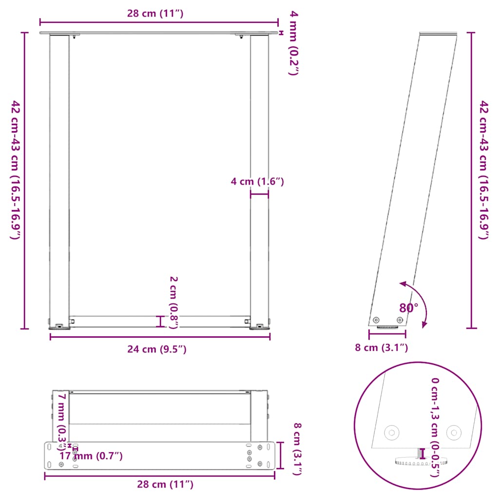 Salontafelpoten 2 st U-vormig 28x(42-43) cm staal zwart