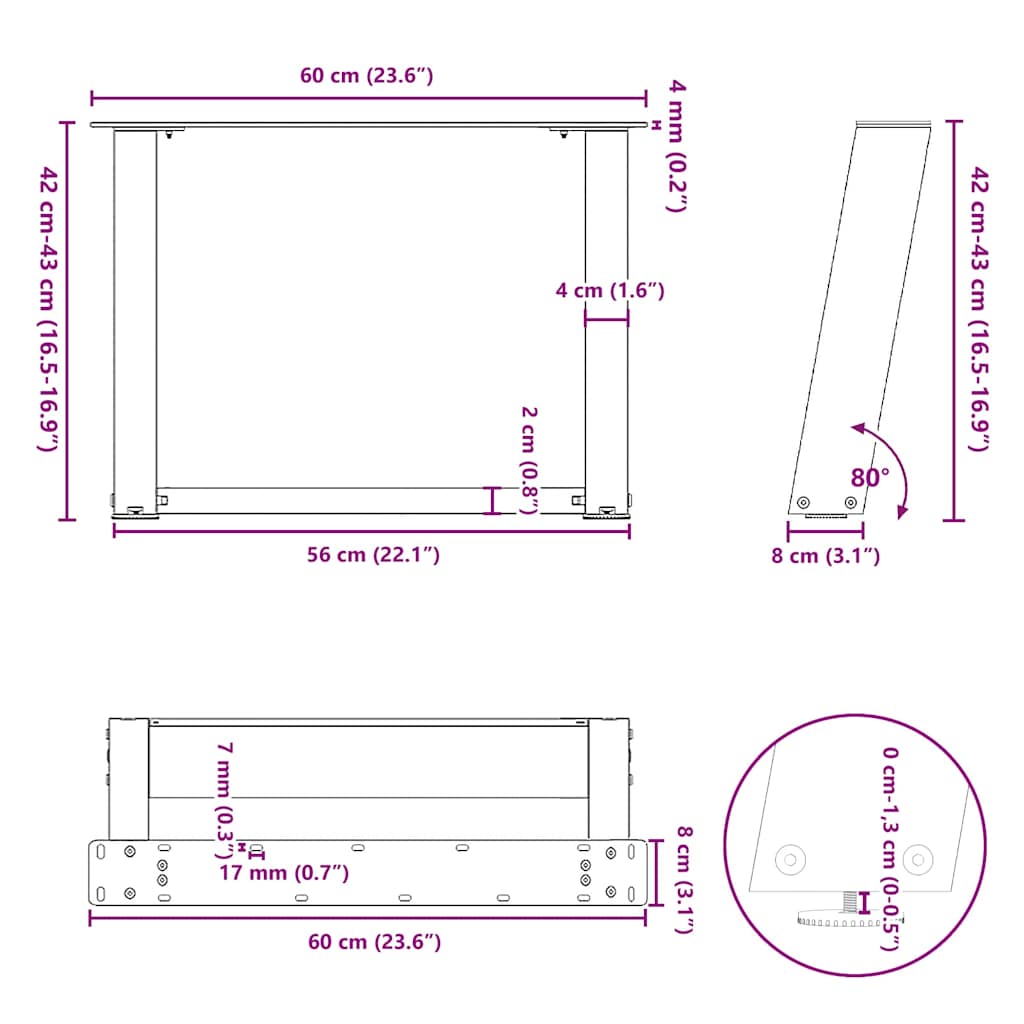 Salontafelpoten 2 st U-vormig 60x(42-43) cm staal zwart