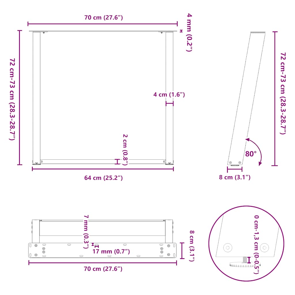 Eettafelpoten 2 st U-vormig 70x(72-73) cm staal antraciet