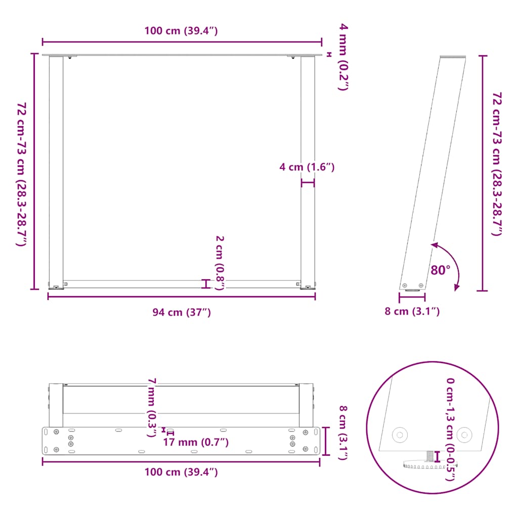 Eettafelpoten 2 st U-vormig 100x(72-73) cm staal zwart