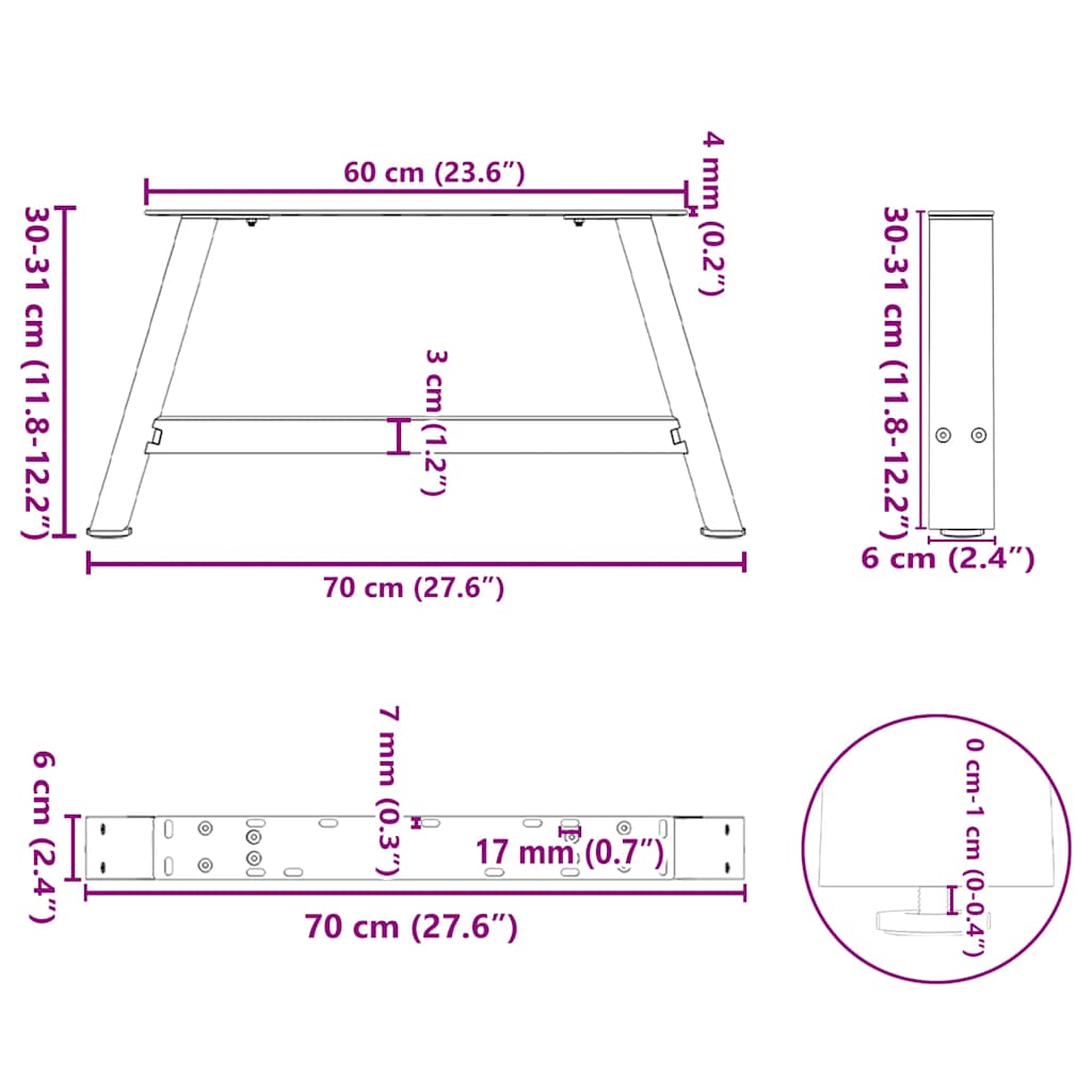 Salontafelpoten 2 st A-vormig 70x(30-31) cm staal wit