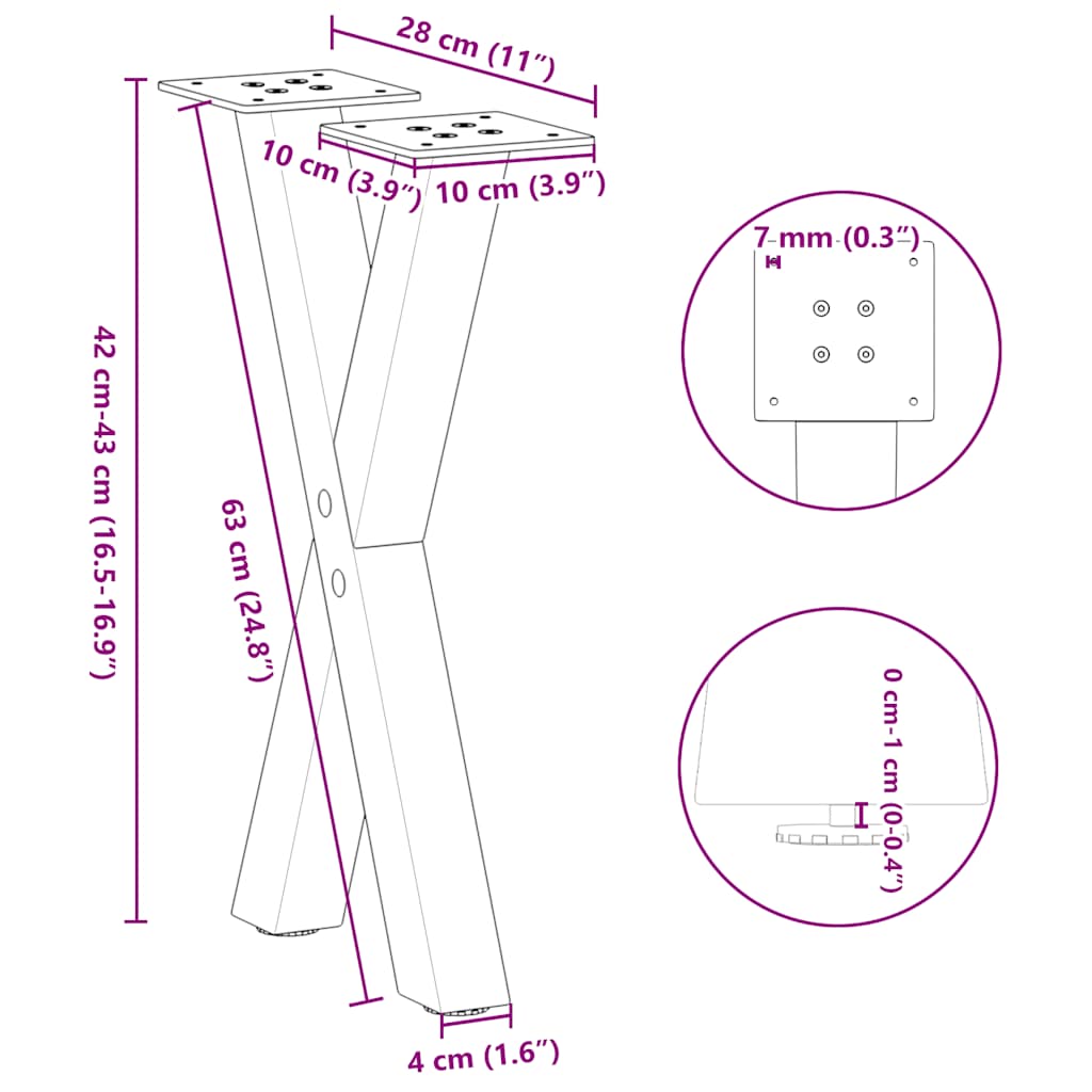 Salontafelpoten 2 st X-vormig 28x(42-43) cm staal zwart