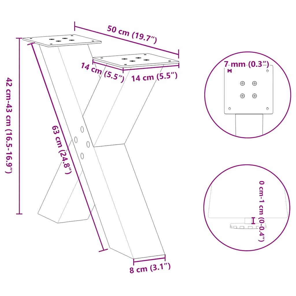 Salontafelpoten 2 st X-vormig 50x(42-43) cm staal zwart